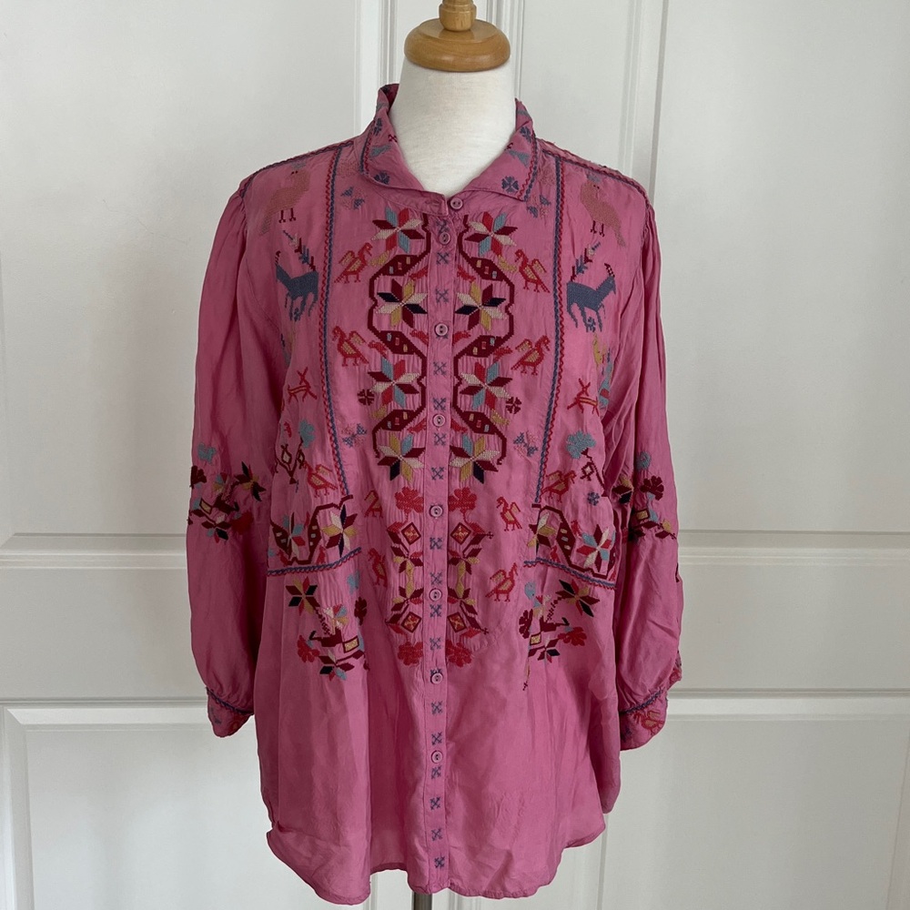 NWT Johnny Was Sitara Pink Embroidered Blouse Size Large